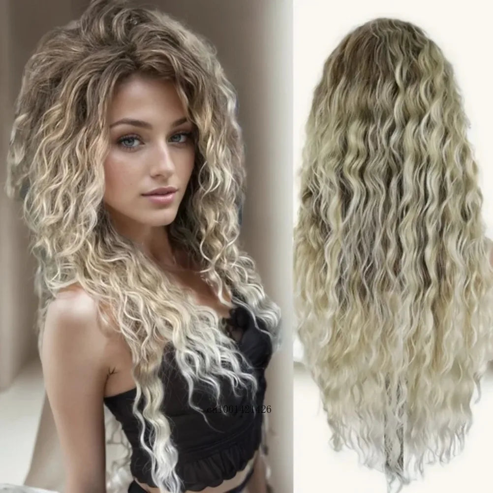 GNIMEGIL Synthetic Long Wave Cur Wigs Female Natural Brown Wig with Clip Free Part Side Bangs 80s Curly Wigs for Women Ombre Wig Good Vibrations
