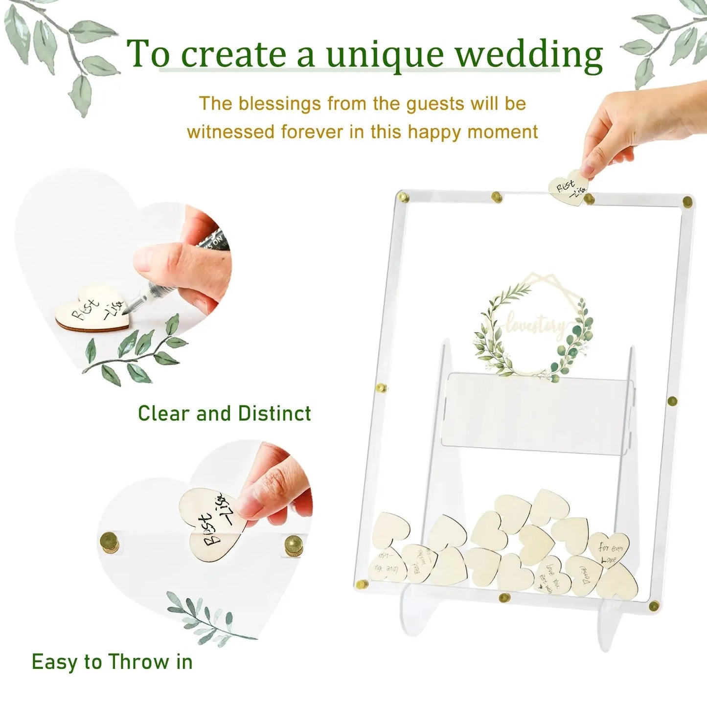 Acrylic Wedding Guest Book Alternative Guest Book Wedding Reception Guest Book Drop Box with Stand 100 Wooden Hearts for Supply Good Vibrations
