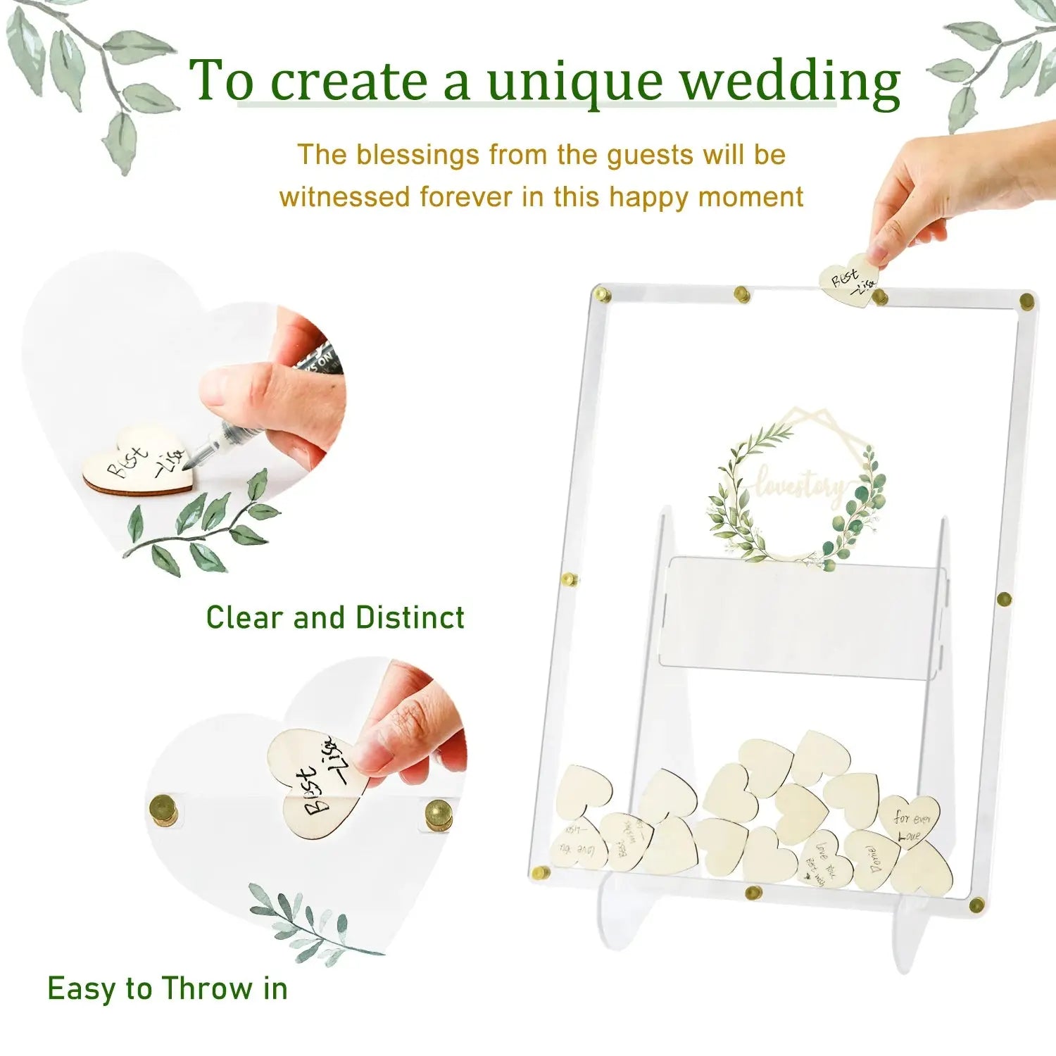 Acrylic Wedding Guest Book Alternative Guest Book Wedding Reception Guest Book Drop Box with Stand 100 Wooden Hearts for Supply Good Vibrations