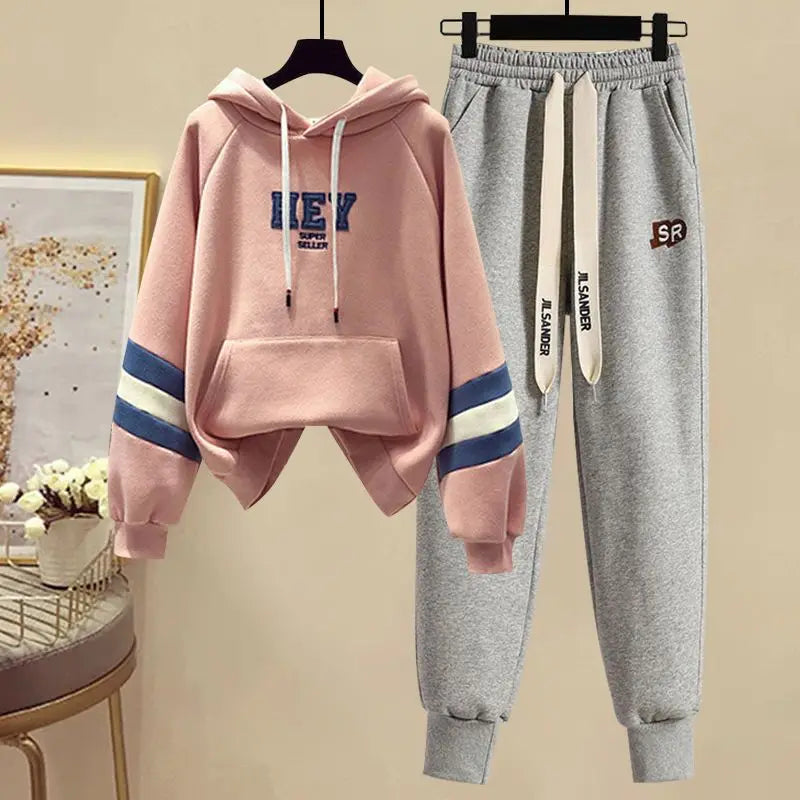Sports Set for Women in Spring and Autumn New Korean Version Color Blocking Hooded Top Casual Pants Age Reducing Two-piece Set Good Vibrations