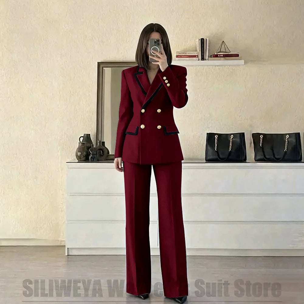 Women's Red Suit Two Piece Set Double Breasted Blazer with Black Trim and Pants Elegant Formal Fashion Daily Casual Party Tuxedo Good Vibrations