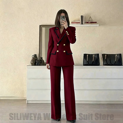 Women's Red Suit Two Piece Set Double Breasted Blazer with Black Trim and Pants Elegant Formal Fashion Daily Casual Party Tuxedo Good Vibrations
