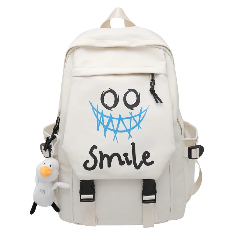 Pocket Front Backpack, Preppy Style Solid Color Nylon  Bookbag, Kawaii Large Capacity Double Handle School Bag Good Vibrations