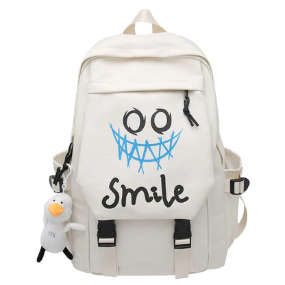 Pocket Front Backpack, Preppy Style Solid Color Nylon  Bookbag, Kawaii Large Capacity Double Handle School Bag Good Vibrations