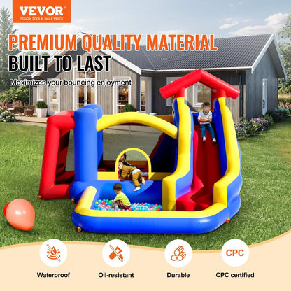 Inflatable Bounce House, Outdoor High Quality Playhouse Trampoline, Jumping Bouncer with Blower, Slide, and Storage Bag, Family Good Vibrations
