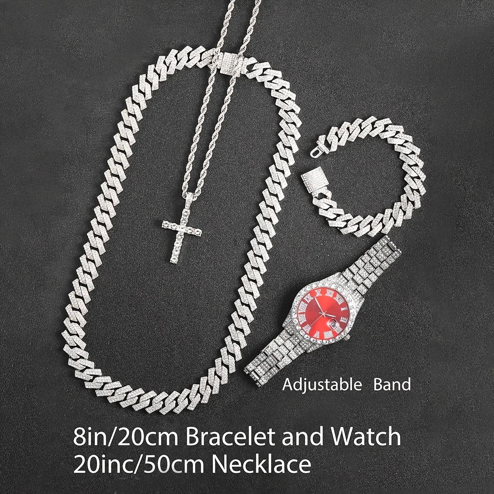 4pcs/set Mens Bling Wrist Watch & Hip Hop Cuban Chain Necklace Set - Rhinestone Accented, Round Dial, Electronic Quartz Movement Good Vibrations