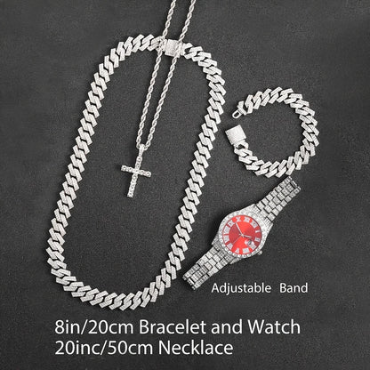 4pcs/set Mens Bling Wrist Watch & Hip Hop Cuban Chain Necklace Set - Rhinestone Accented, Round Dial, Electronic Quartz Movement Good Vibrations