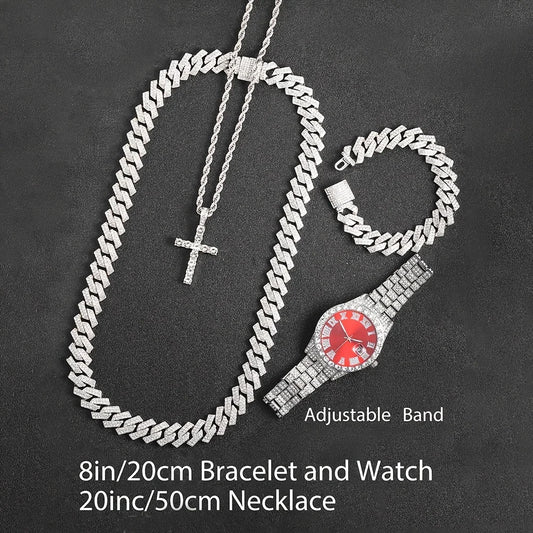 4pcs/set Mens Bling Wrist Watch & Hip Hop Cuban Chain Necklace Set - Rhinestone Accented, Round Dial, Electronic Quartz Movement Good Vibrations
