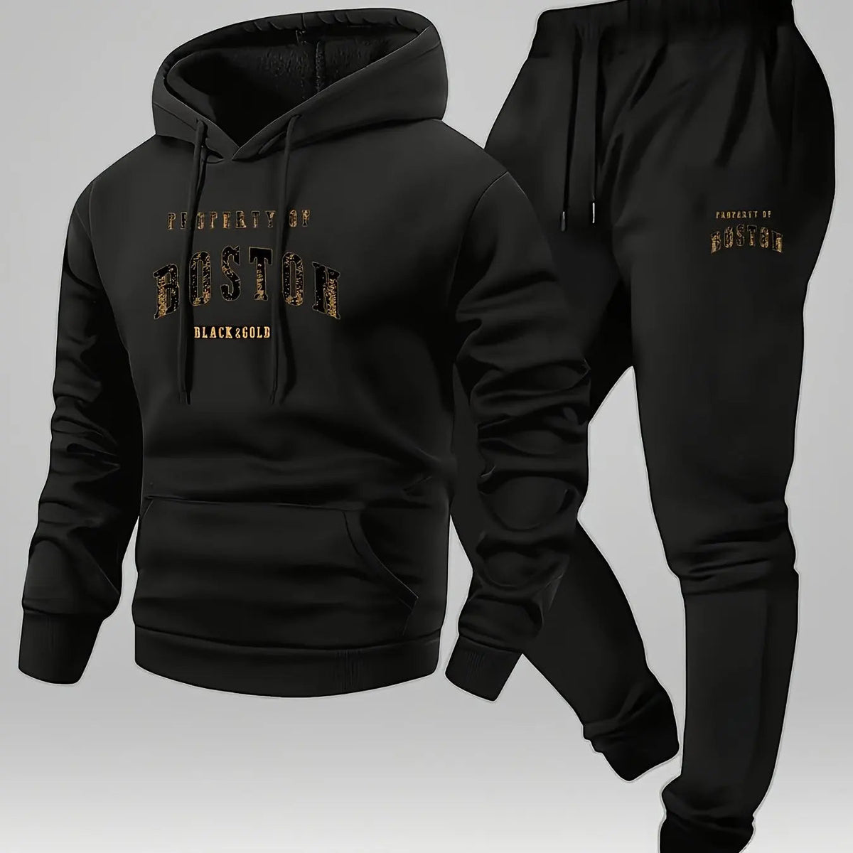 Men's Boston print hooded sweatshirt and sweatpants soft and comfortable thin velvet warm sweatpants set autumn and winter Good Vibrations