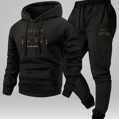 Men's Boston print hooded sweatshirt and sweatpants soft and comfortable thin velvet warm sweatpants set autumn and winter Good Vibrations