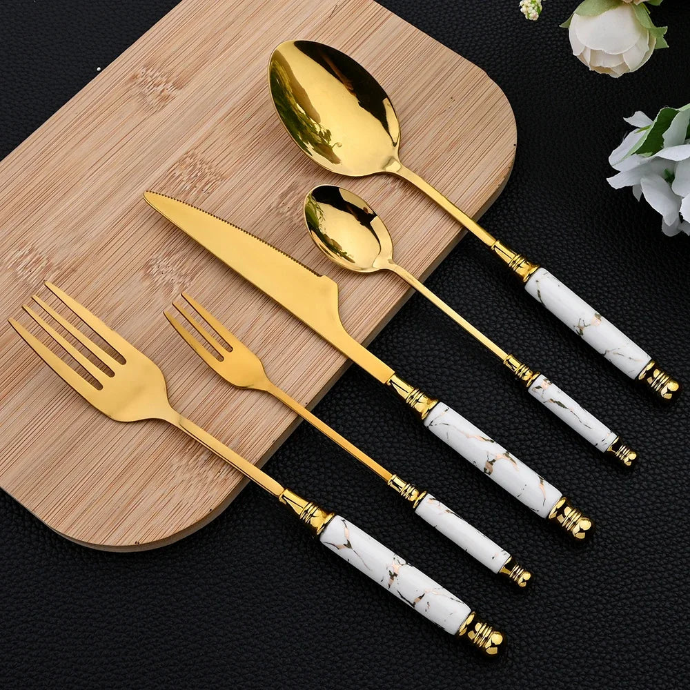 24Pcs Cutlery Set Stainless Steel Dinnerware Kitchen Fork Knife Tea Spoon Tableware Set Flatware Set Gold Silverware Set Good Vibrations