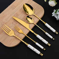 24Pcs Cutlery Set Stainless Steel Dinnerware Kitchen Fork Knife Tea Spoon Tableware Set Flatware Set Gold Silverware Set Good Vibrations