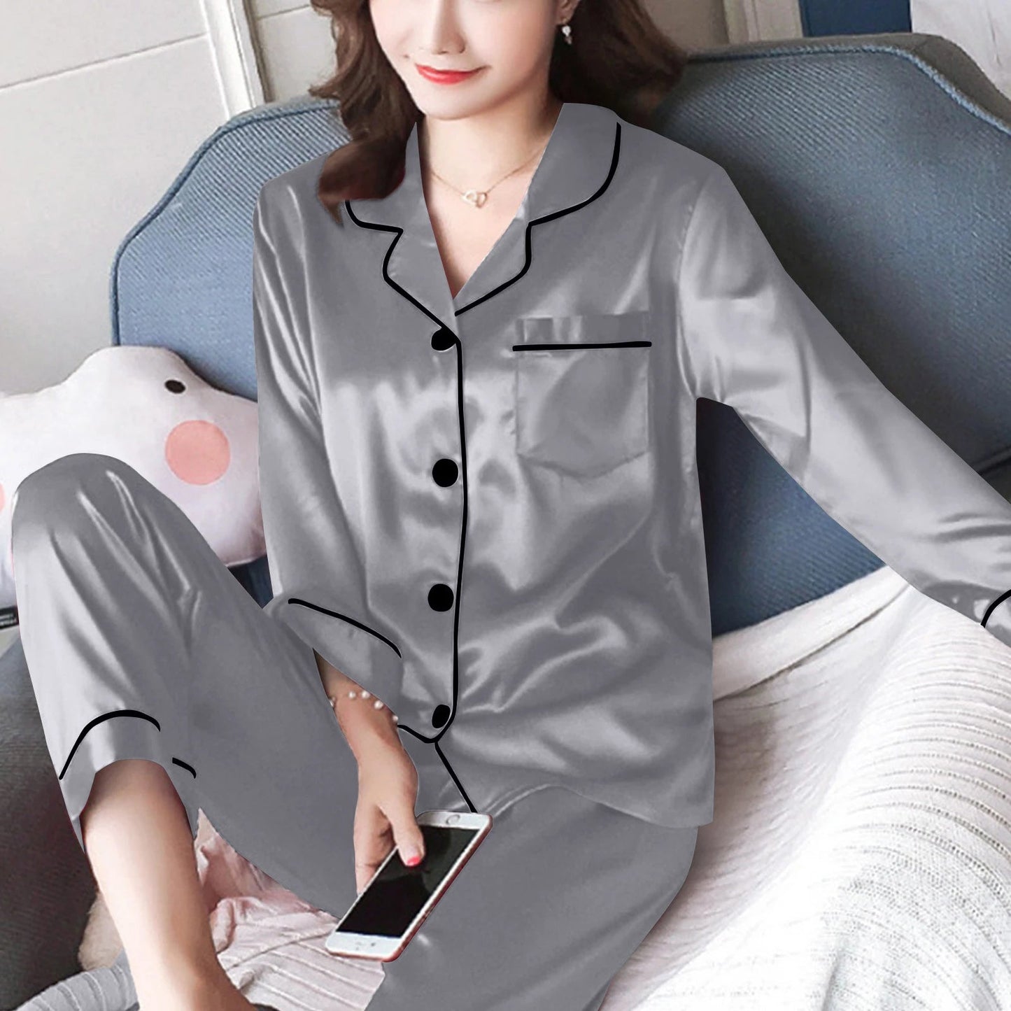 Women Pijama Sets Women Pajamas Sets Sexy Silk Polyester Female Pyjamas Home Clothing Sleepwear Long-sleeve Cardigan Set Good Vibrations
