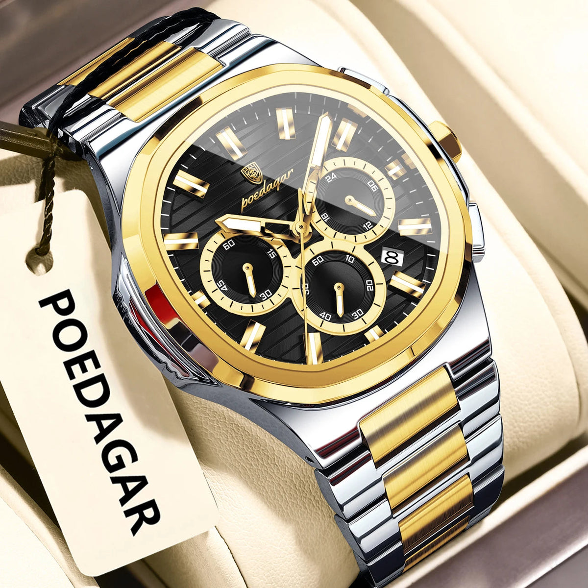 POEDAGAR Business Man Wristwatch Date Chronograph Waterproof Luminous Luxury Men Watch Stainless Steel Quartz Men's Watches Male Good Vibrations