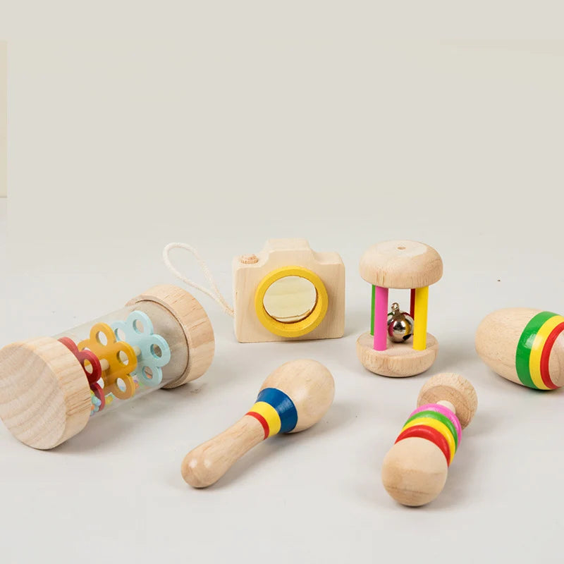 6pcs/set Wooden Musical Instruments Toys, Small Rattle, Sand Hammer, Sand Ball, Shake Bell Kaleidoscope, Griping Practice Toys Good Vibrations