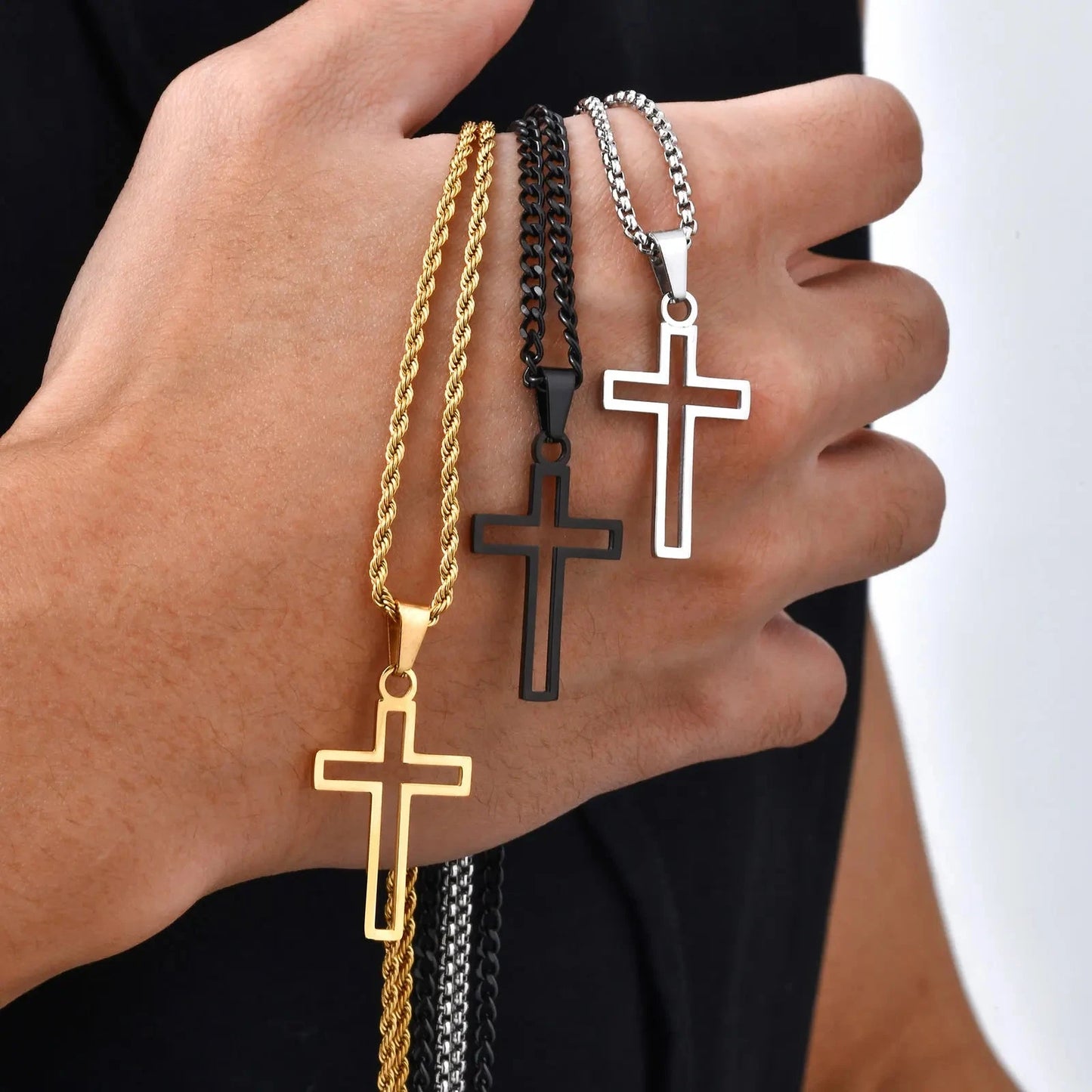 Casual Hollow Cross Necklaces for Men Boys,Waterproof Stainless Steel Cross Pendant Necklace,Religious Faith Prayer Jewelry Gift Good Vibrations