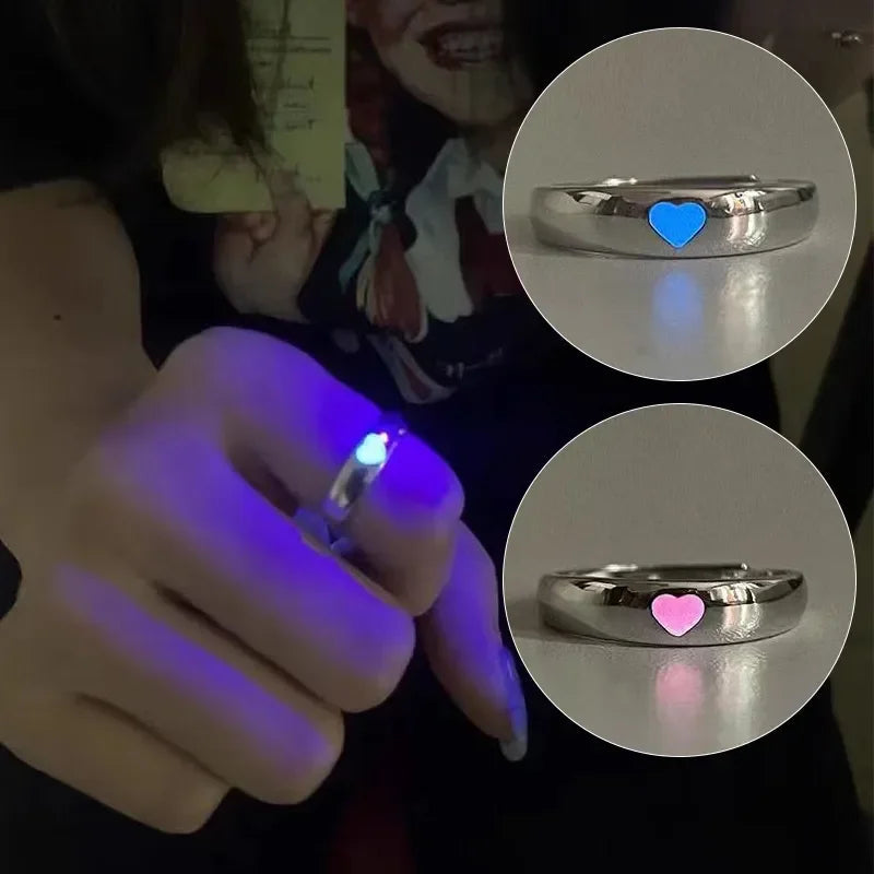 Glow In Dark Ring Luminous Blue Pink Light Love Heart Ring Couples Girls Silver Color Jewelry Adjustable Size New Fashion Rings Good Vibrations