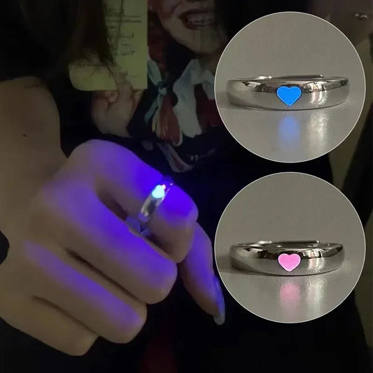 Glow In Dark Ring Luminous Blue Pink Light Love Heart Ring Couples Girls Silver Color Jewelry Adjustable Size New Fashion Rings Good Vibrations