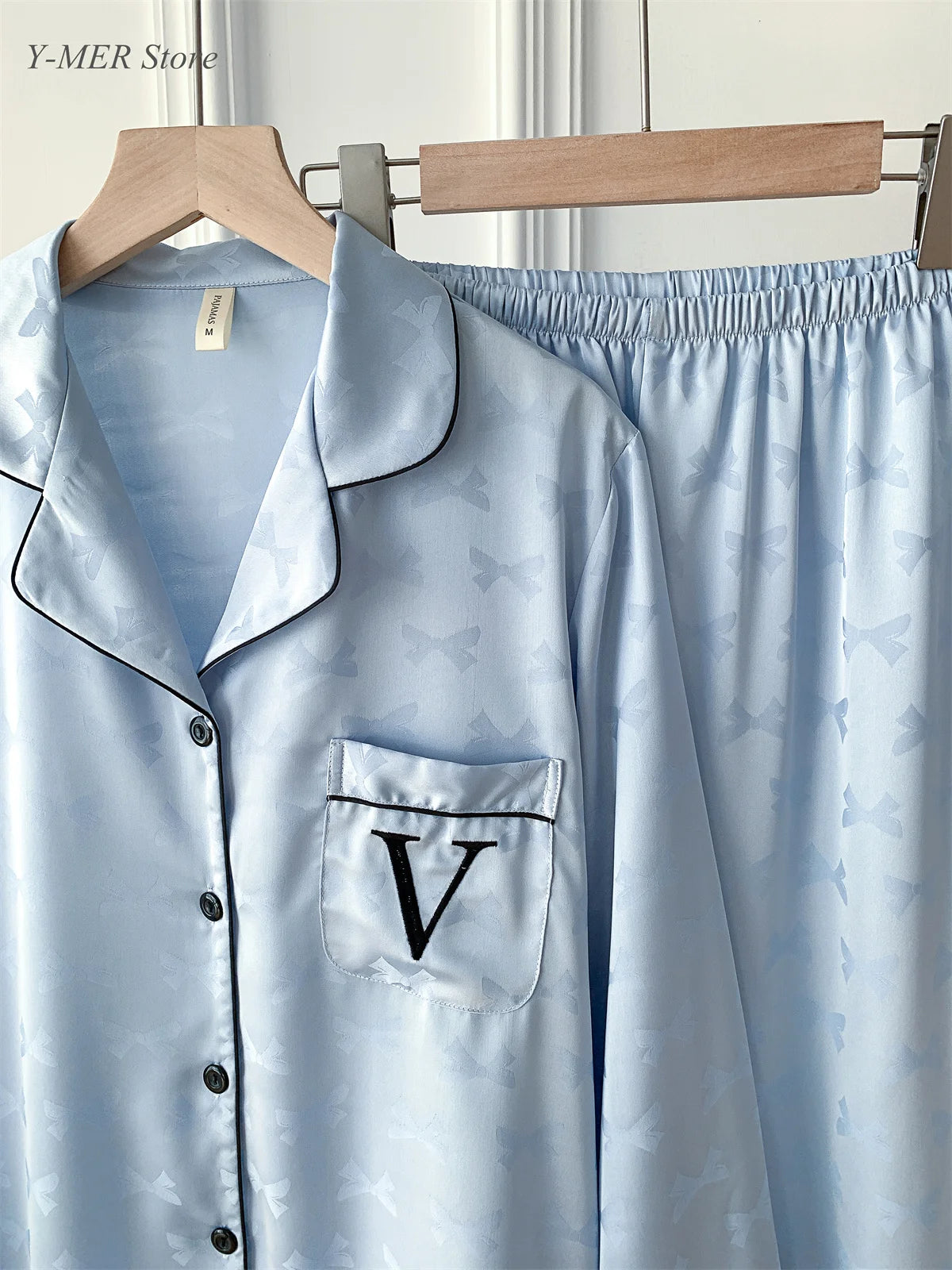 Pink Pajamas Set Bow Print 2Piece Set Women Rayon Homewear Long Sleeve Trousers Suit Lapel Loungewear Nightwear Casual Outfit Good Vibrations