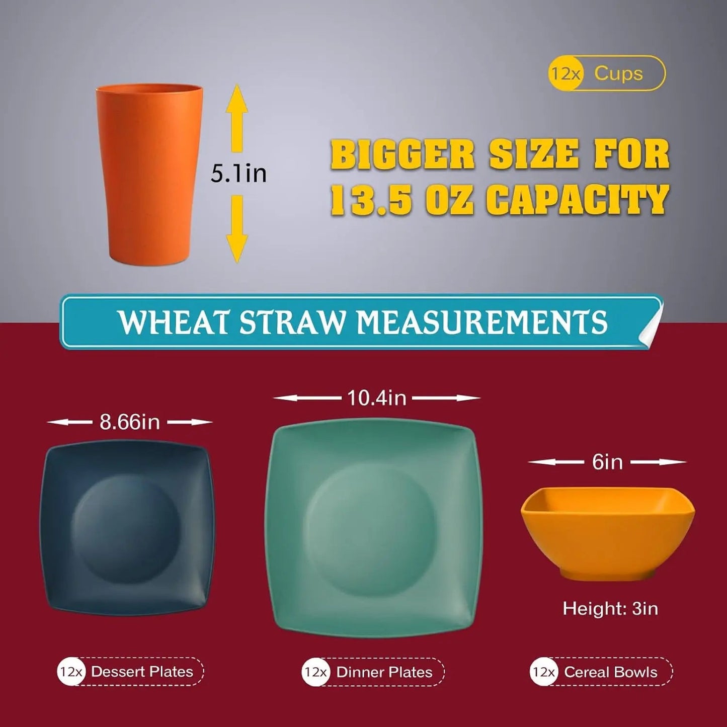 48-piece Kitchen Plastic Wheat Straw Square Dinnerware Set for 12, Unbreakable Dinner Plates, Salad Plates, Snack Bowls, Tumbler Good Vibrations