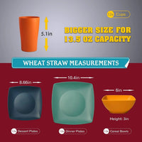 48-piece Kitchen Plastic Wheat Straw Square Dinnerware Set for 12, Unbreakable Dinner Plates, Salad Plates, Snack Bowls, Tumbler Good Vibrations