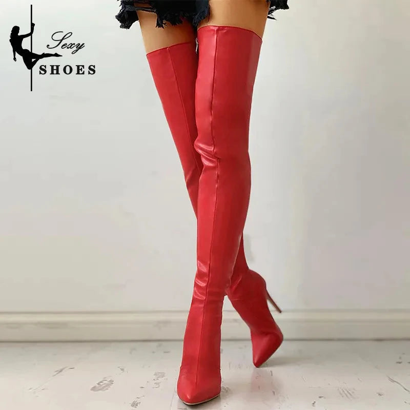 Women Boots Matte Black Pointy Toe Thigh High Long Boots Autumn Winter Zip Over-the-Knee Boots Party Shoes Plus Size 46 Stiletto Good Vibrations