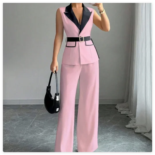 Women's Office Lady Ensemble Outfit Autumn Sleeveless Straight Leg Pants Set Classy Bandeau Elegant Style Top And Vest 2 Set Good Vibrations