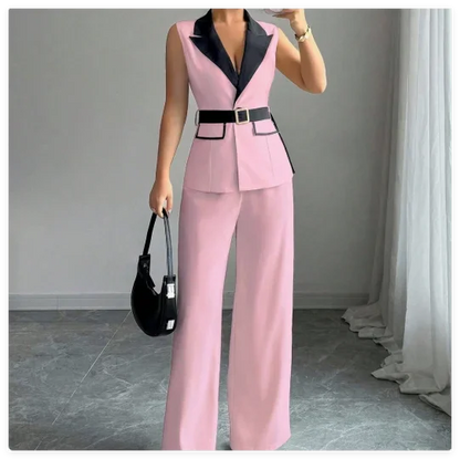 Women's Office Lady Ensemble Outfit Autumn Sleeveless Straight Leg Pants Set Classy Bandeau Elegant Style Top And Vest 2 Set Good Vibrations