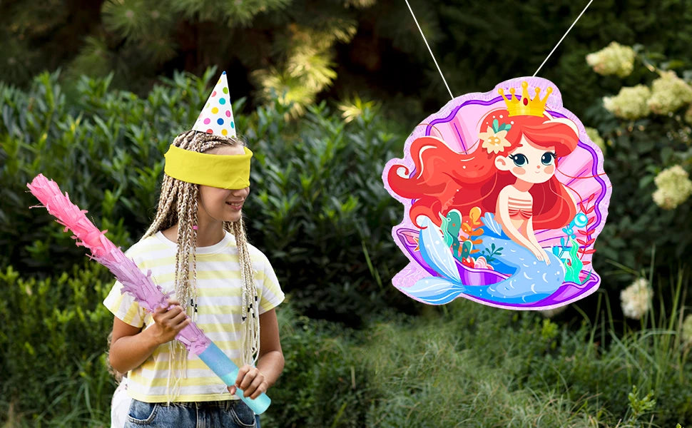 Mermaid Piñata,13.6'' Mermaid Party Pinata Set-Mermaid Piñata Large Blindfold Stick etc Mermaid Birthday Party Supplies for Kids Good Vibrations