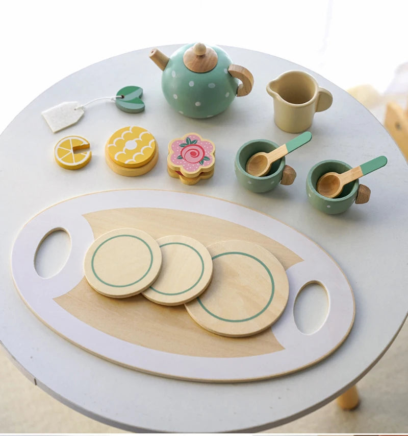 Wooden Afternoon Tea Set Toy Pretend Play Food Learning Role Play Game Early Educational Toys for Toddlers Girls Boys Kids Gifts Good Vibrations