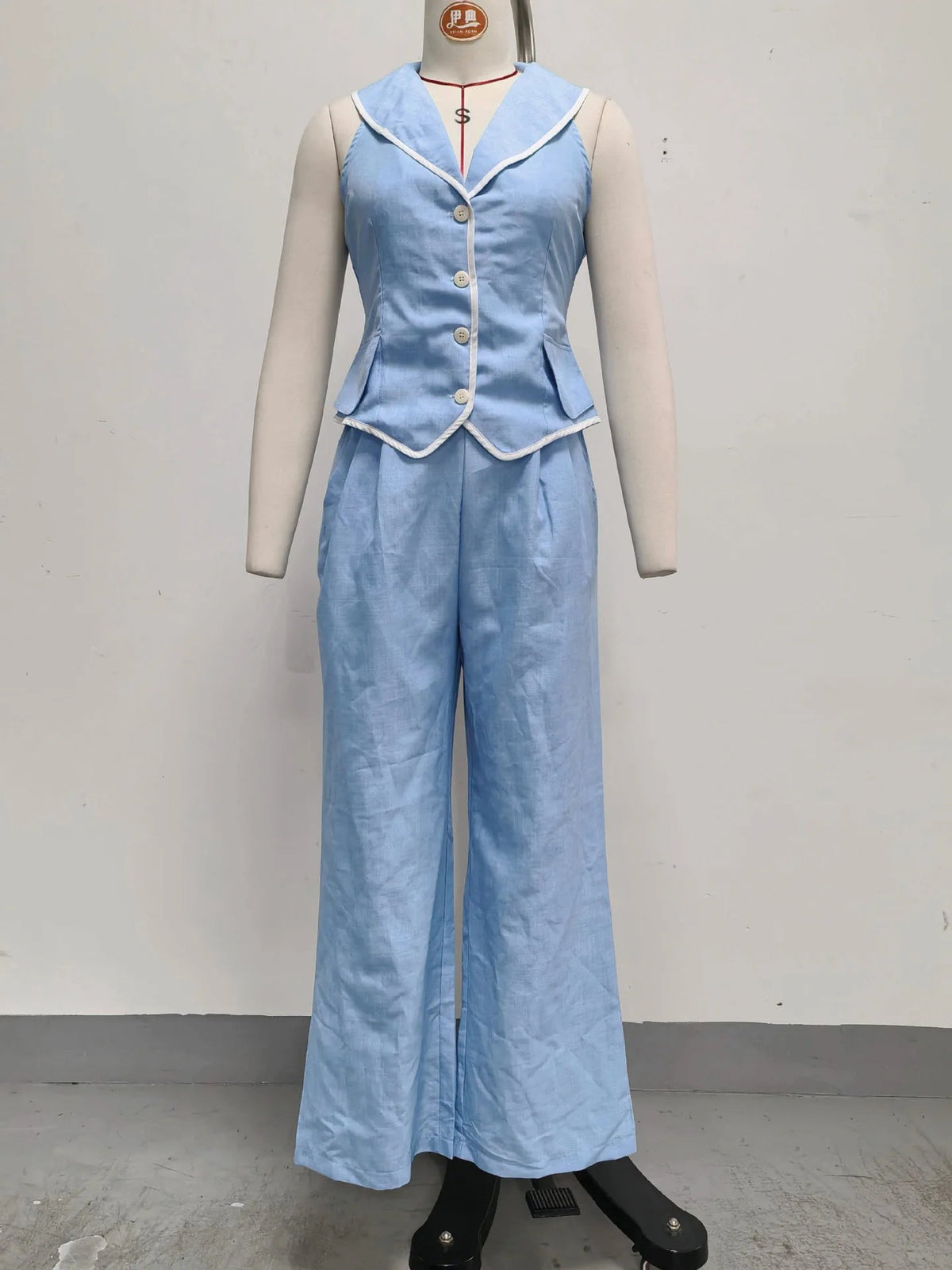 Two Piece Set For Women Fashion Piping Lapel Slim Vest Top + Wide Leg Pants Set Casual Blazer Matching Outfit Female Office Good Vibrations