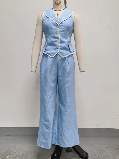 Two Piece Set For Women Fashion Piping Lapel Slim Vest Top + Wide Leg Pants Set Casual Blazer Matching Outfit Female Office Good Vibrations