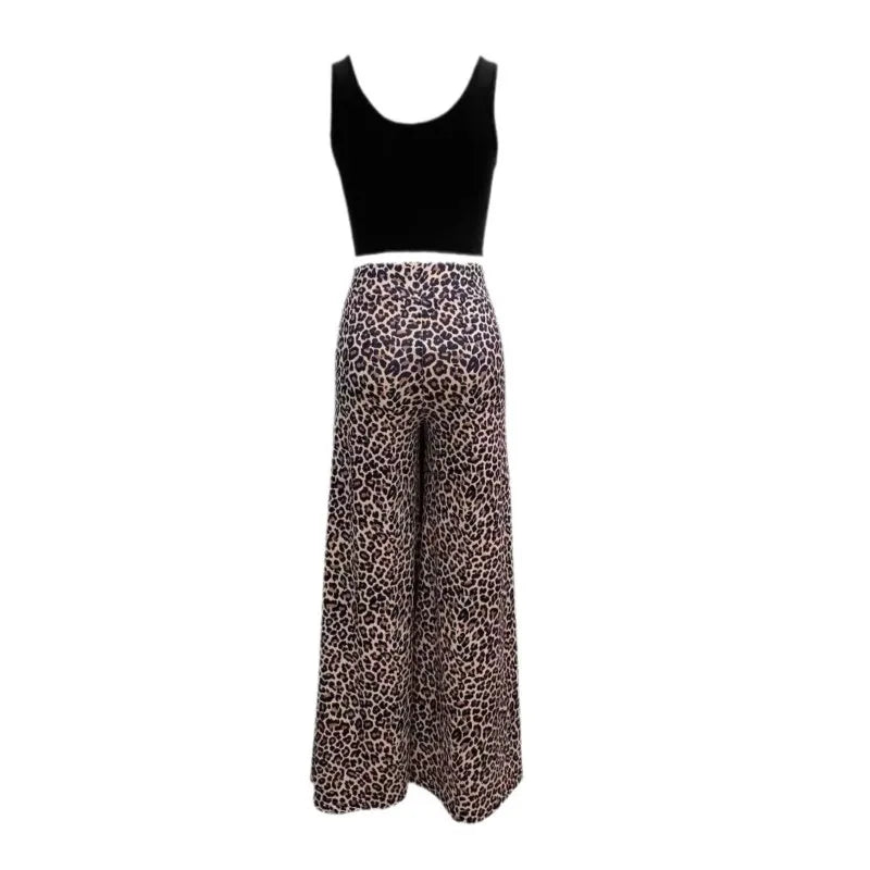 Women Two Piece Sets Outfits 2024 Summer Fashion Square Neck Sleeveless Crop Tank Top & Leopard Print Pocket Wide Leg Pants Set Good Vibrations
