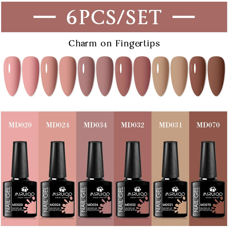 MSRUIOO 6pcs Nude Pink Gel Nail Polish Set Glitter Colorful Semi Permanent UV Gel Kits DIY Nail Art Painting Varnish Manicure Good Vibrations