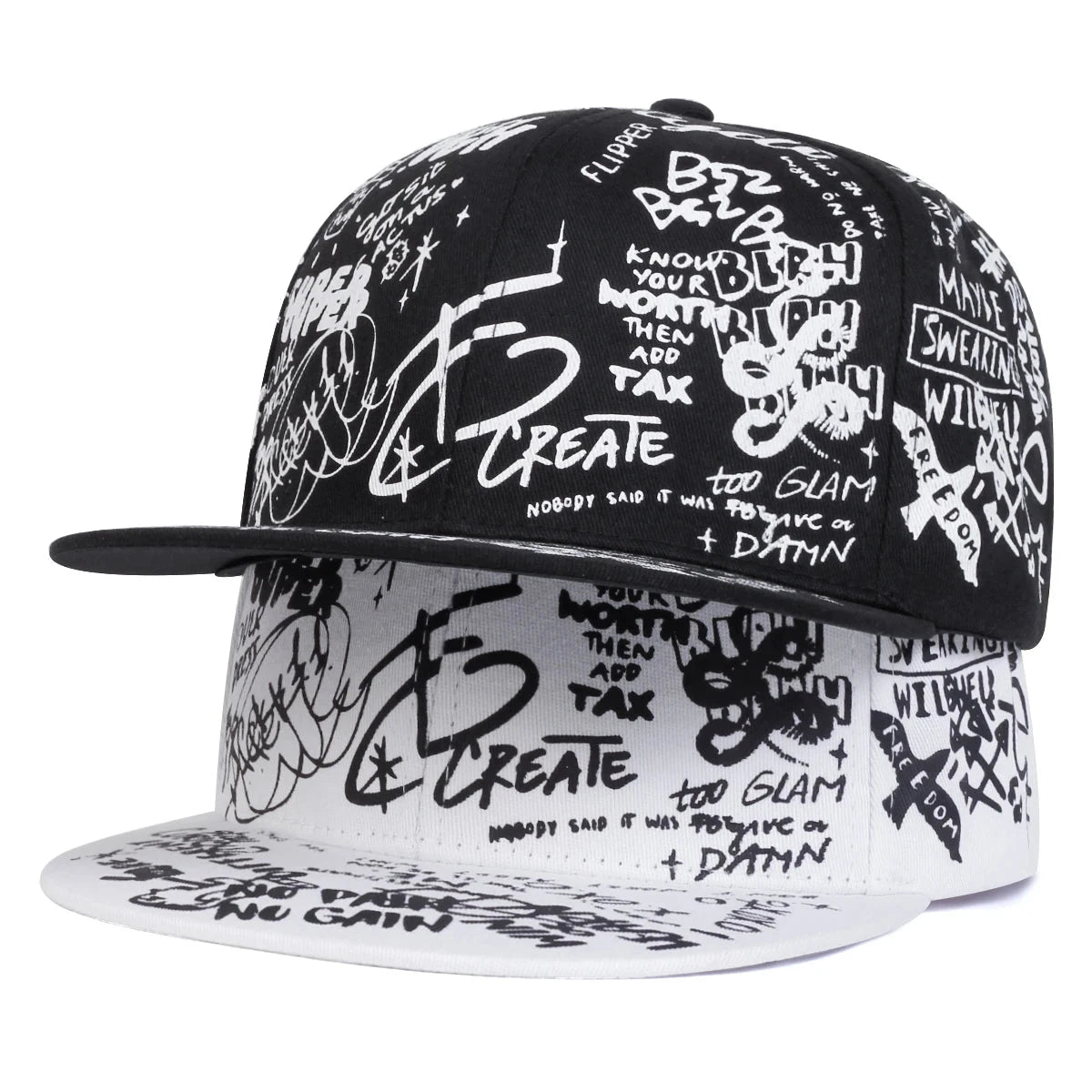Unisex Black and white Letter Graffiti Printing Hip-hop Hats Spring Autumn Outdoor Adjustable Casual Baseball Caps Sunscreen Hat Good Vibrations