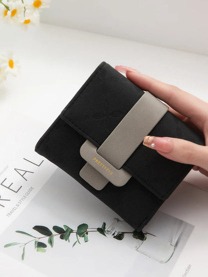 Explosive purse female Korean PU plaid buckle simple multi-card folding triple fold bag large capacity student ladies daily trav Good Vibrations