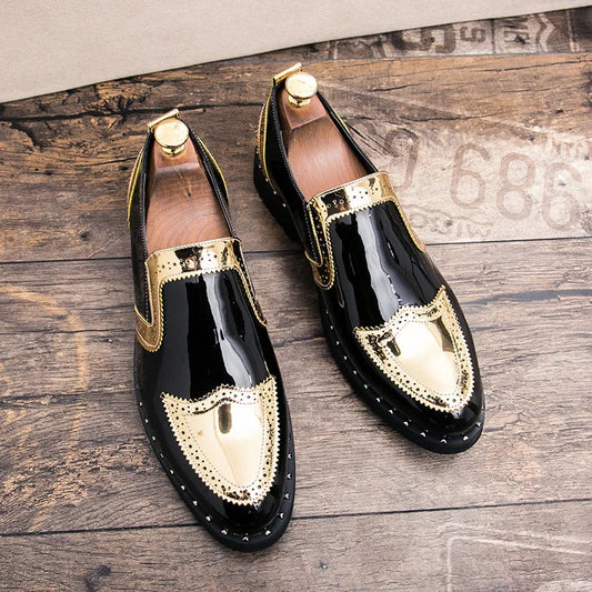 Fashionable Formal Men Shoes Lightweight Outdoor Loafers Thick Soled Wear-resistant Leather Shoes Black Gold andSilverSizes38-48 Good Vibrations