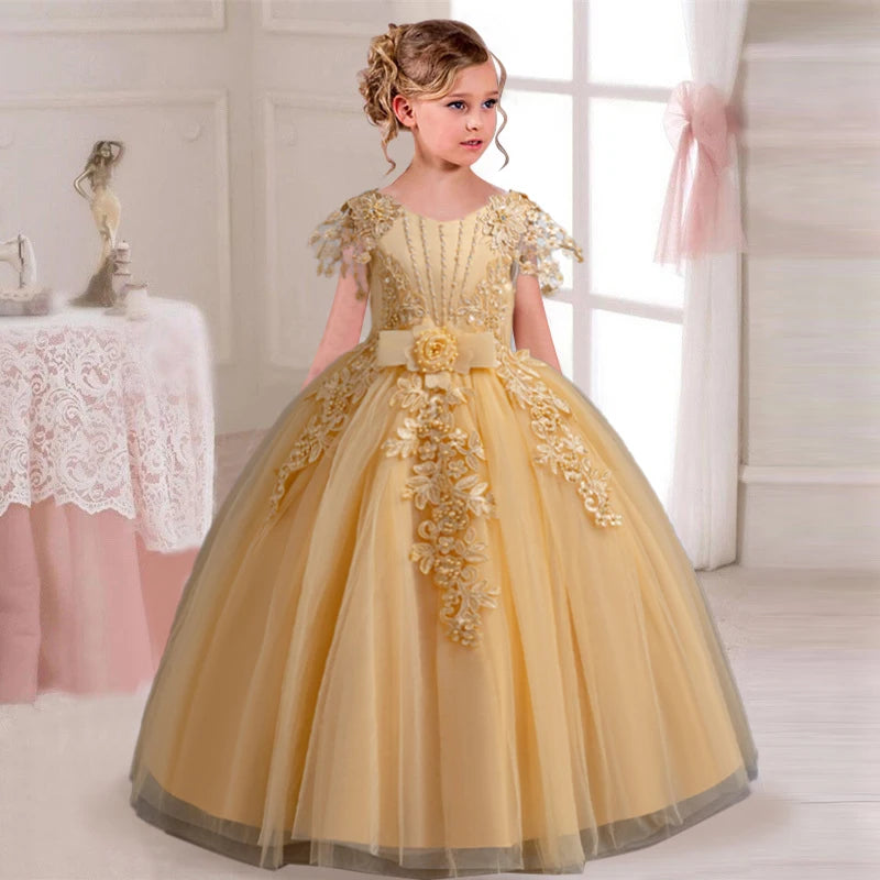 2025 New Elegant Girl Wedding Dress Embroidered Mesh Princess Dress 4-12 Year Old Girl Graduation Party Prom Evening Dress Good Vibrations