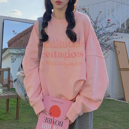 Women/Ladies/Girls Autumn Plus Velvet Letter Print Loose Long Sleeve Sweatshirt Fashion Pullover Casual Good Vibrations