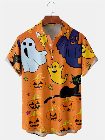 Men's Fashion Halloween Shirt Summer Cute Style Men's Clothing Party Holiday Men Top Pumpkin Head Print Boys' Short Sleeve Shirt Good Vibrations
