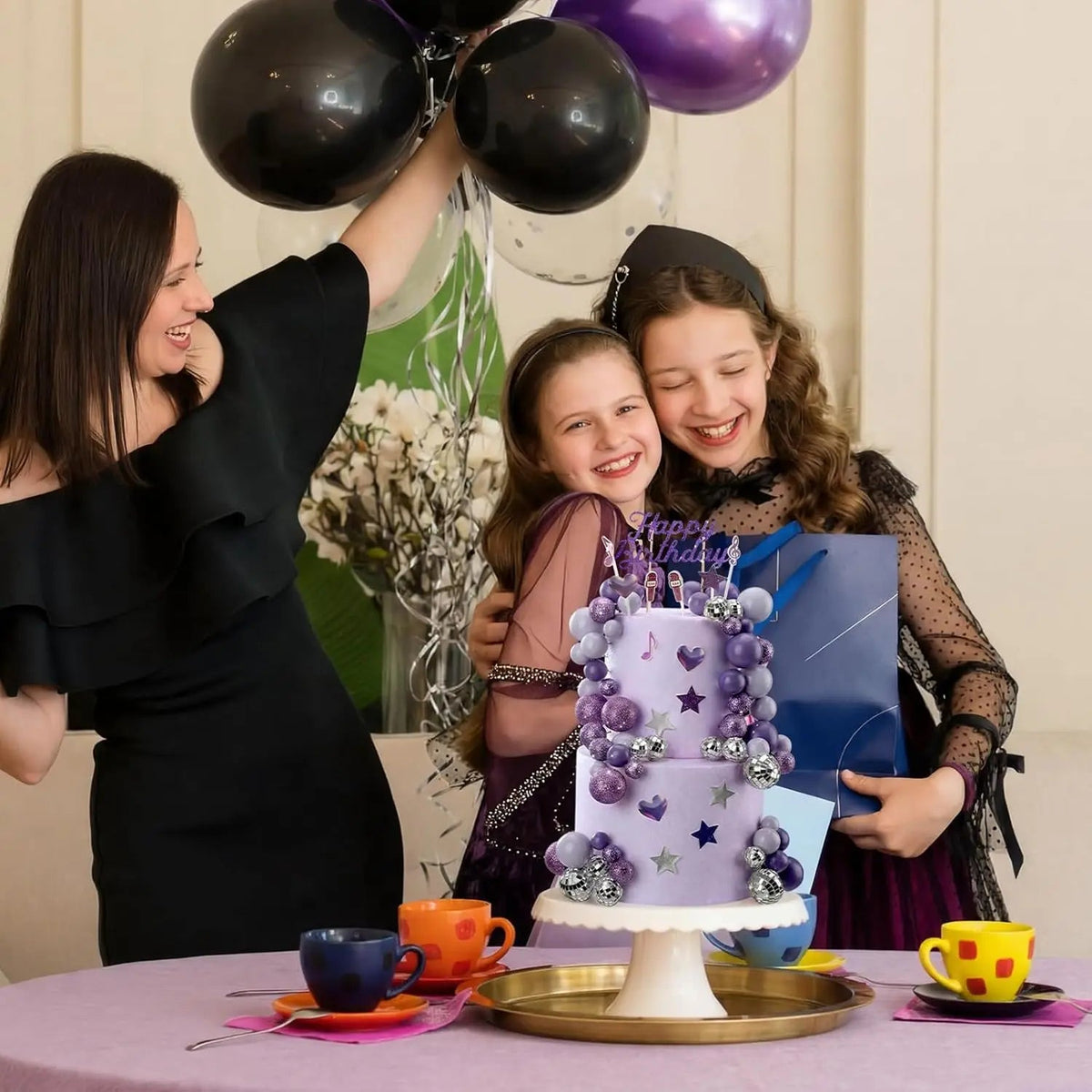 Complete K-Pop Party Cake Topper: Purple Disco Balls, Mic, Hearts & “Happy Birthday” – Music Theme Decor Good Vibrations