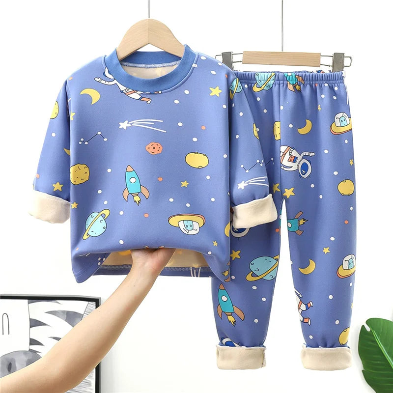 Kids Warm Pajama Sets Autumn Winter Plus Velvets Clothing Suits Boys Girls Fashion Print Pullover+Pants 2Pcs Outfits 1-14 Years Good Vibrations