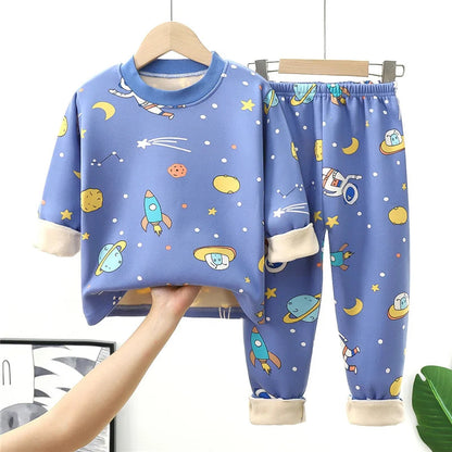 Kids Warm Pajama Sets Autumn Winter Plus Velvets Clothing Suits Boys Girls Fashion Print Pullover+Pants 2Pcs Outfits 1-14 Years Good Vibrations