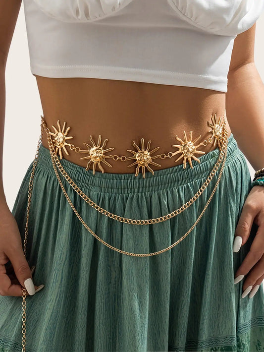 1pc Women Sun Decor Layered Vintage Chain Belt For Dress Decoration Good Vibrations