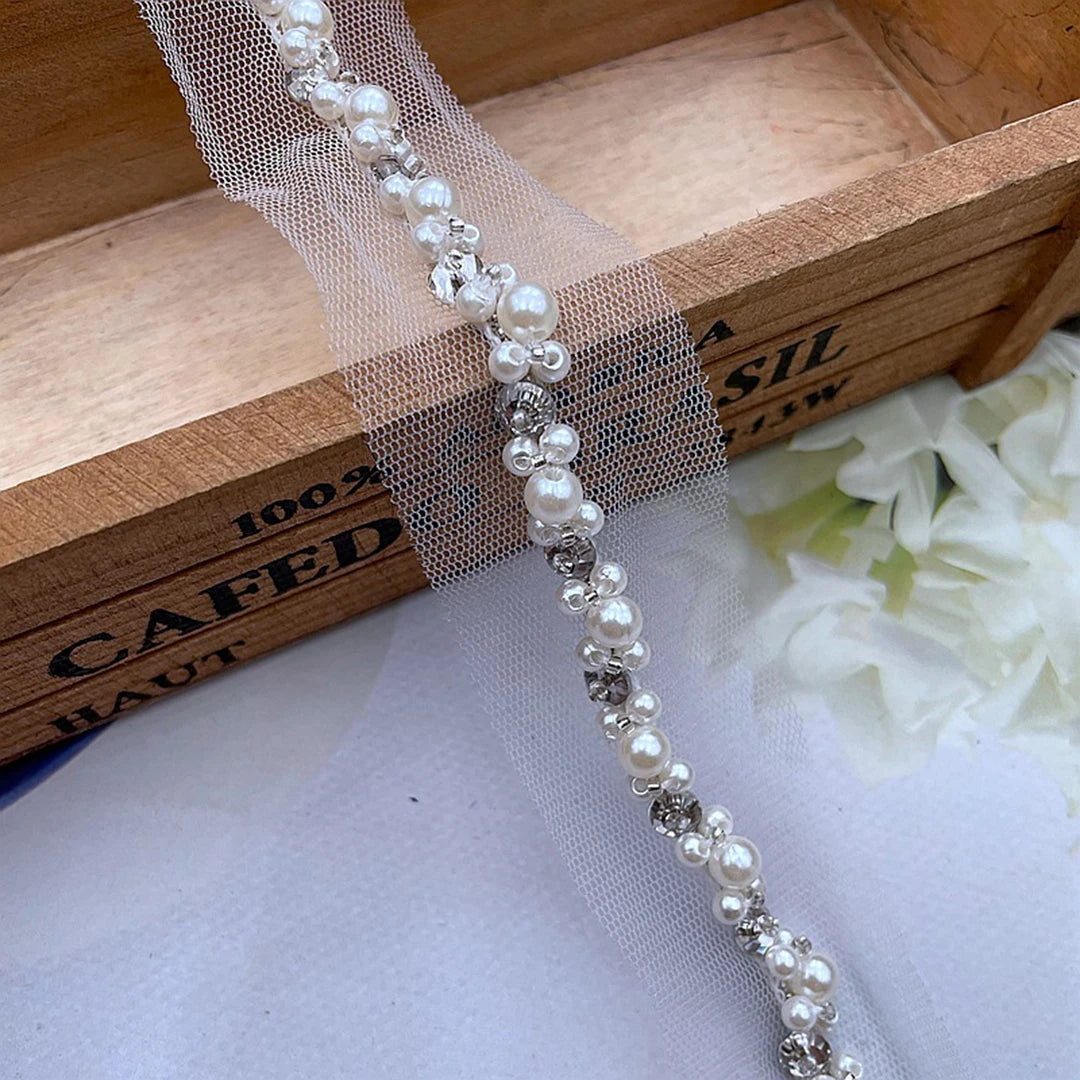 90cm Pearl Beaded Lace Trim Ribbon Garment Decoration Applique Trimming Rhinestone Tape DIY Sewing Fabric Material Accessories Good Vibrations