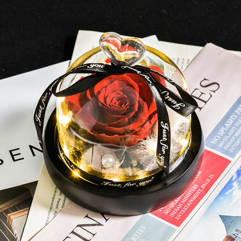 Gifts for Girls Eternal Flowers In Heart Glass Dome with Led Light Forever Preserved Rose Wedding Gift for Mom Women Girlfriend Good Vibrations