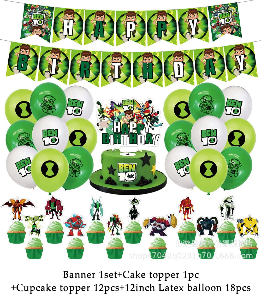 Cartoon Ben-10 Birthday Party Decoration Balloons Favor Set Banner Cake Toppers Baby Shower Boys Gift Party Supplies Photo Prop Good Vibrations