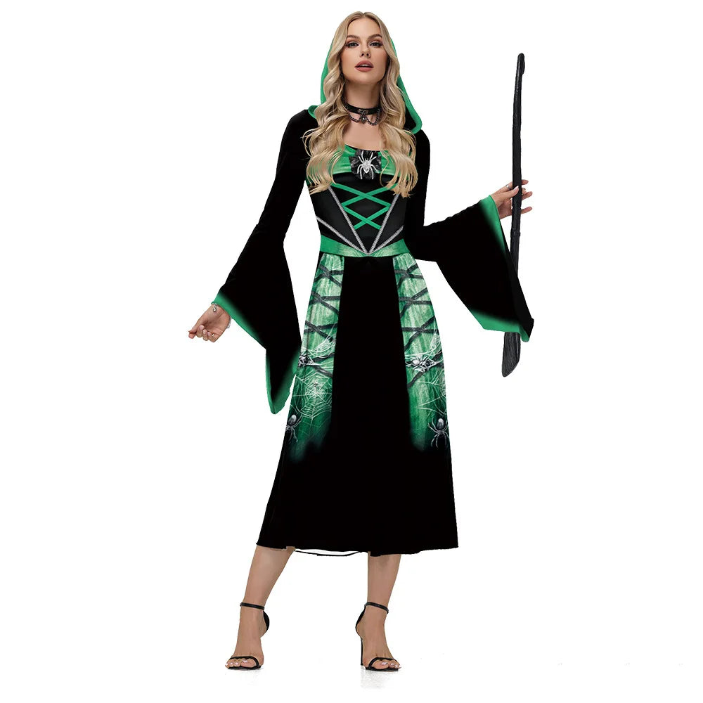 Halloween Skeleton Cosplay Costumes for Women Medieval Robe Vintage Party Hooded Dress Witch Scary Clothes Day of The Dead Good Vibrations