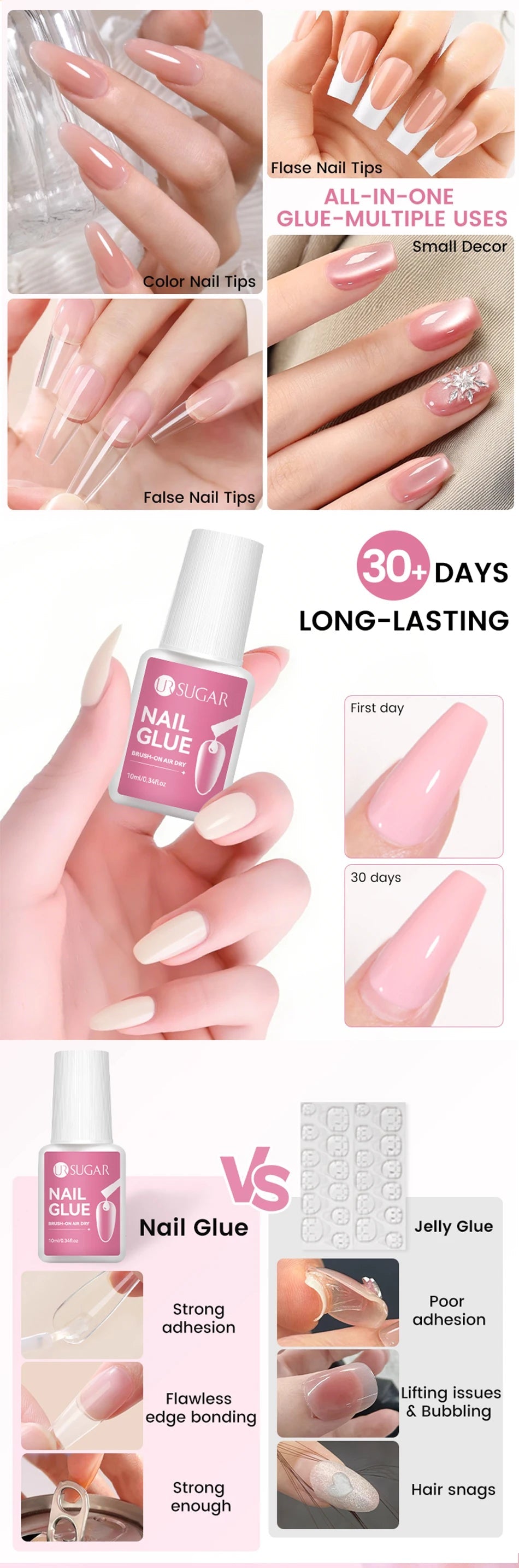 UR SUGAR 1/3/5PCS Quick Drying Nail Glue Super Strong Nail Rhinestones Glue for Acrylic Fake Tips Nail Gel Glue Manicure Tools Good Vibrations