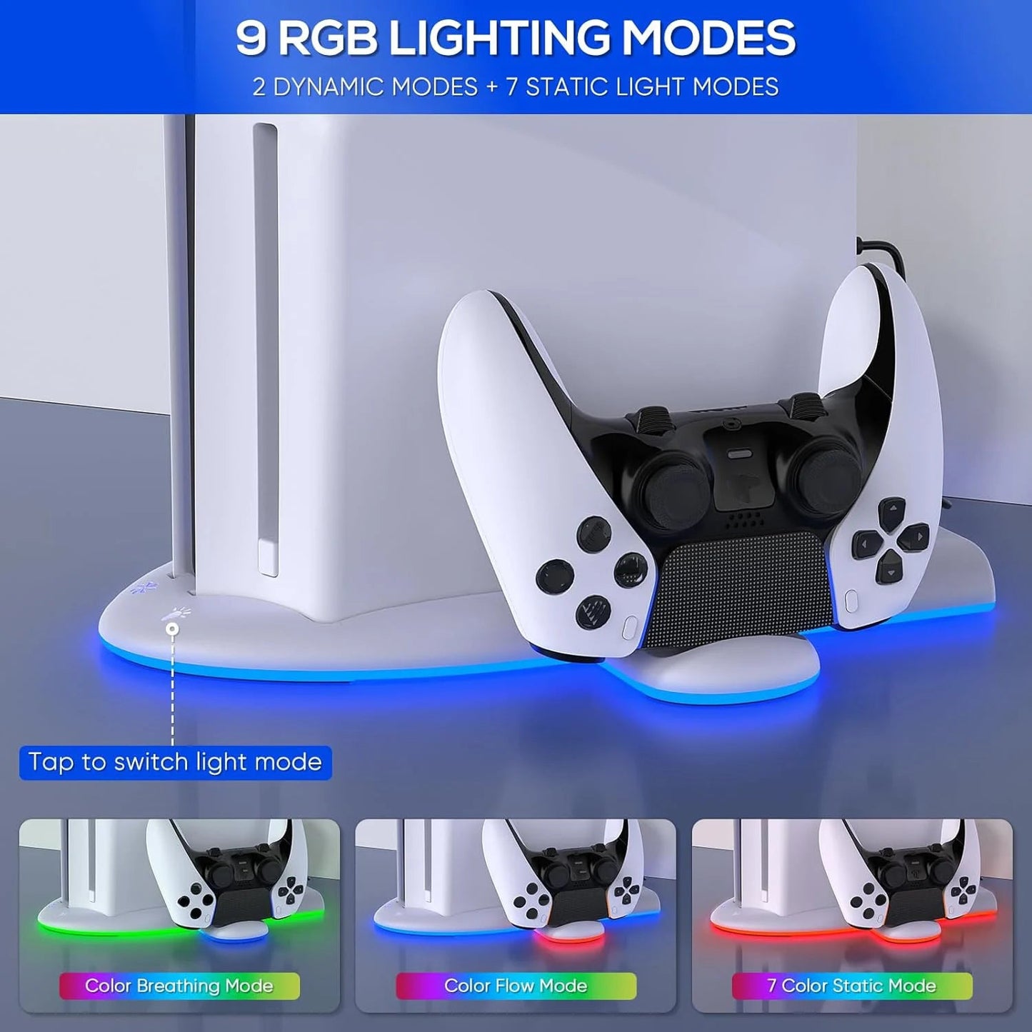 DOBE TP5-3528 Multi-Function Cooling Charging Dock for PS5 SLIM - Touch Switch, Multicolor LED, Ultrathin Design Good Vibrations